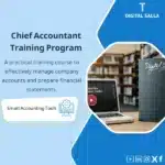 Chief Accountant Training Course Template, showing a training course cover design, includes a laptop and books image, and a "Digital Salla" icon, helps simplify the process of training and qualifying chief accountants to effectively manage company accounts. (Image: Chief accountant training course cover.)