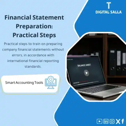 Financial Statement Preparation Steps Template, showing a computer program design with a training course cover, includes a laptop and books image, and a "BALANCE SHEET" logo, helps simplify the process of learning the steps of preparing financial statements according to international standards. (Image: Financial statement training course cover.)