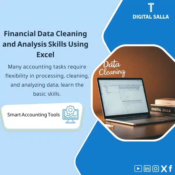 Financial Data Cleaning and Analysis Skills Using Excel Financial Data Cleaning & Analysis Skills in Excel Template, showing an open laptop and books with a "Data Cleaning" icon, helps simplify the process of learning financial data cleaning and analysis skills using Excel. (Image: Data cleaning spreadsheet on a laptop.)