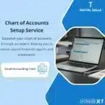 Chart of Accounts Setup Service Template, showing a laptop displaying a chart of accounts program titled "CHART OF ACCOUNTS", helps simplify the process of setting up a chart of accounts and obtaining accurate financial reports and statements. (Image: Chart of accounts software on a laptop.)