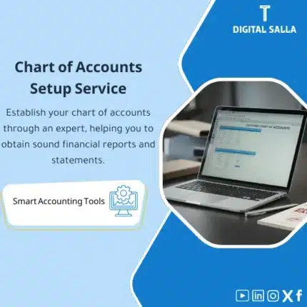 Chart of Accounts Setup Service Template, showing a laptop displaying a chart of accounts program titled "CHART OF ACCOUNTS", helps simplify the process of setting up a chart of accounts and obtaining accurate financial reports and statements. (Image: Chart of accounts software on a laptop.)