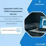 IFRS 9 Expected Credit Loss Assessment Service Template, showing a laptop displaying a credit loss preparation program, and the "IFRS 9" logo, helps simplify the process of assessing expected credit losses according to IFRS 9 requirements. (Image: IFRS 9 financial loss assessment software.)