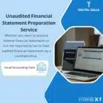 Unaudited Financial Statement Preparation Service Template, showing a laptop displaying a table and financial statements, and the "BALANCE SHEET" logo, helps simplify the process of preparing internal or unaudited financial statements for companies. (Image: Unaudited balance sheet on a laptop.)