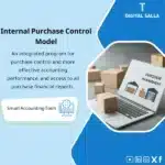 Internal Purchase Control Template, showing a laptop screen displaying a purchase management program with illustrations of warehouses and products, helps simplify the purchase control process. (Image: Laptop screen showing purchase management software)