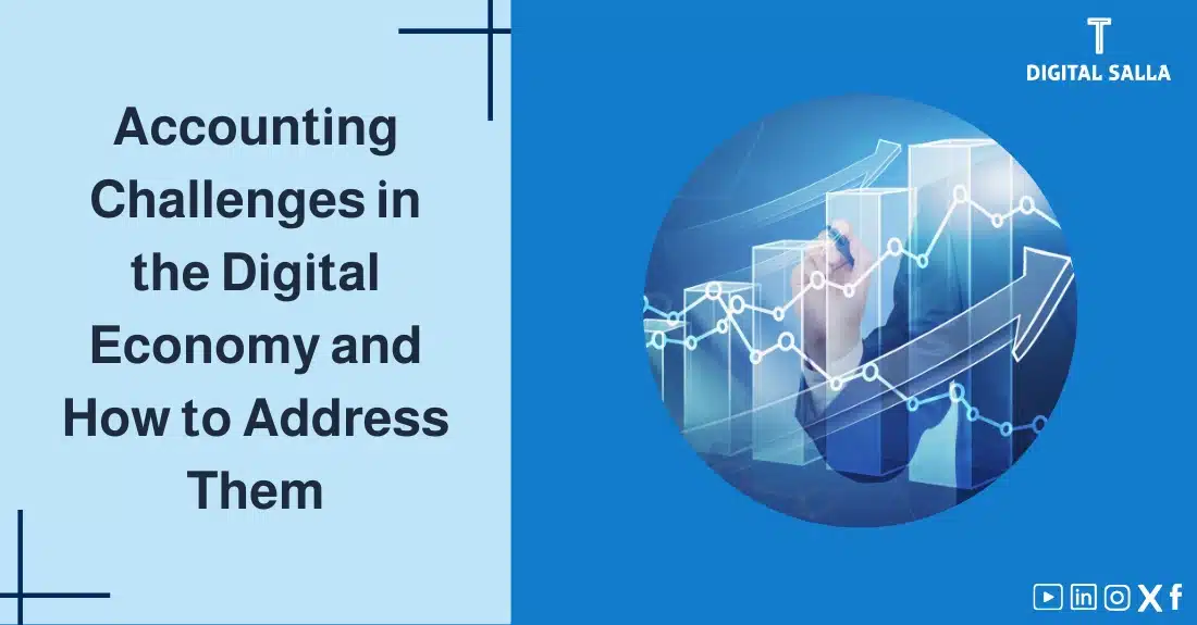 Illustrative image for an article on the challenges ofAccounting Challenges in the Digital Economy. The image shows the title and a graphic of a hand drawing a rising chart, symbolizing the challenges and growth in the digital age.