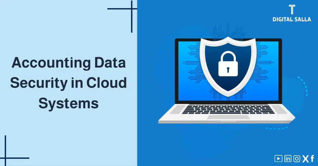 "Illustrative image for an article on accounting data security in cloud systems. Features the article title, alongside a graphic symbolizing the article's content, depicting a laptop with a shield and lock."