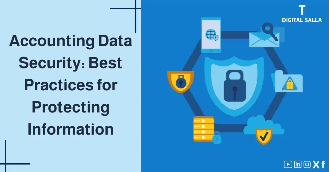 "Illustrative image for an article on Accounting Information Security: best practices to protect your information. Features the article title, alongside a graphic symbolizing the article's content, depicting a shield and lock surrounded by security icons such as a firewall and cloud."