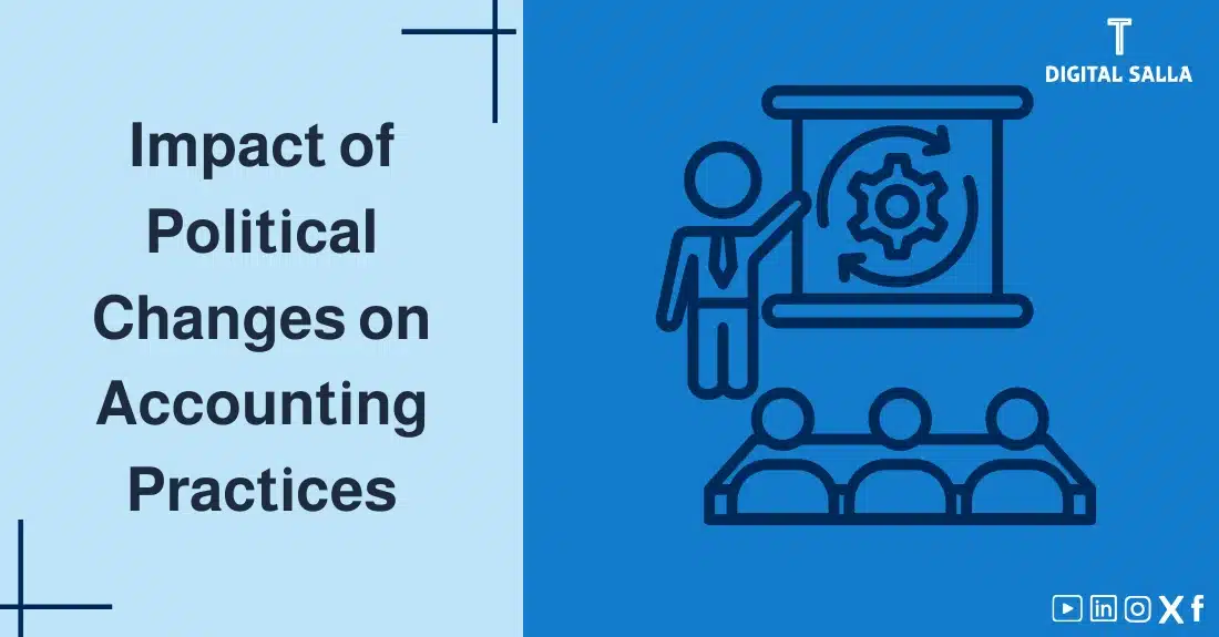 Article image on the impact of political changes on Accounting Practices, featuring the main title with a graphic icon of a person presenting to an audience, illustrating the influence of political factors on accounting.