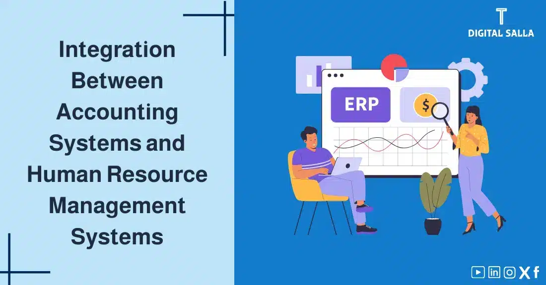 "Illustrative image for an article on the integration between accounting systems and human resources management systems. Features the article title with the word "ERP," alongside a graphic symbolizing the article's content, depicting two people pointing to data on a screen."