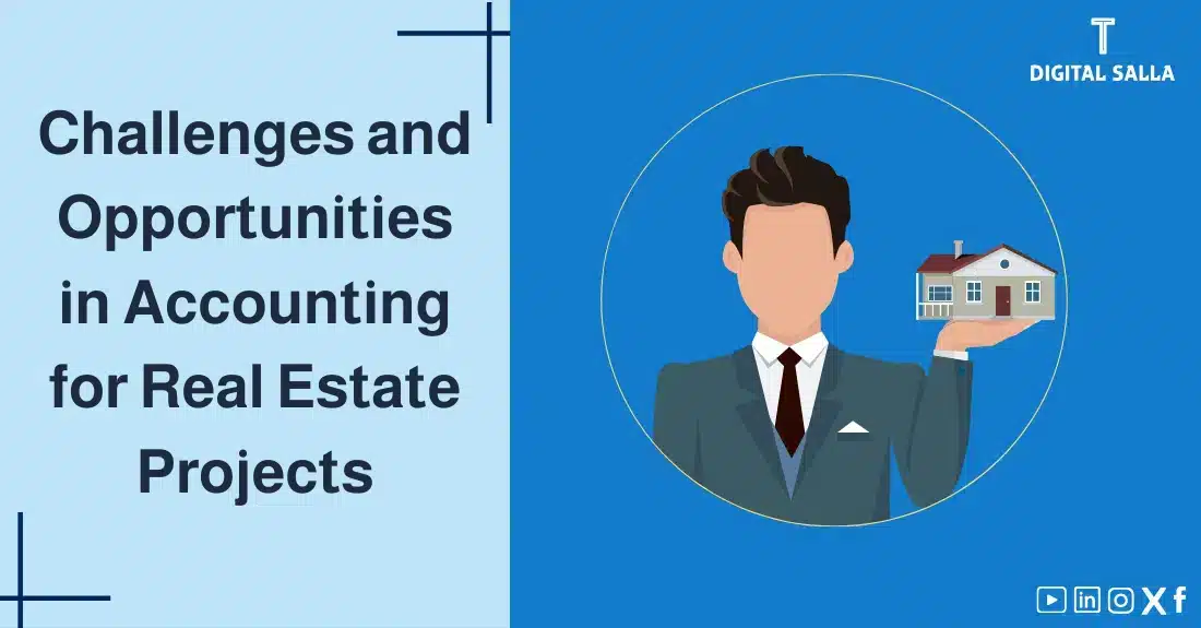 "Illustrative image for an article on the challenges and opportunities in Accounting for Real Estate Projects. Features the article title, alongside a graphic symbolizing the article's content, depicting a building with a dollar symbol."