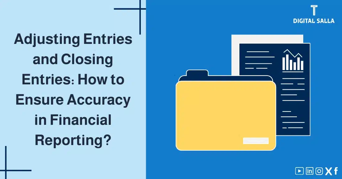 "Illustrative image for an article on Adjusting Entries and closing entries: ensuring financial reporting accuracy. Features the article title, alongside a graphic symbolizing the article's content, depicting a file with papers and a graph."
