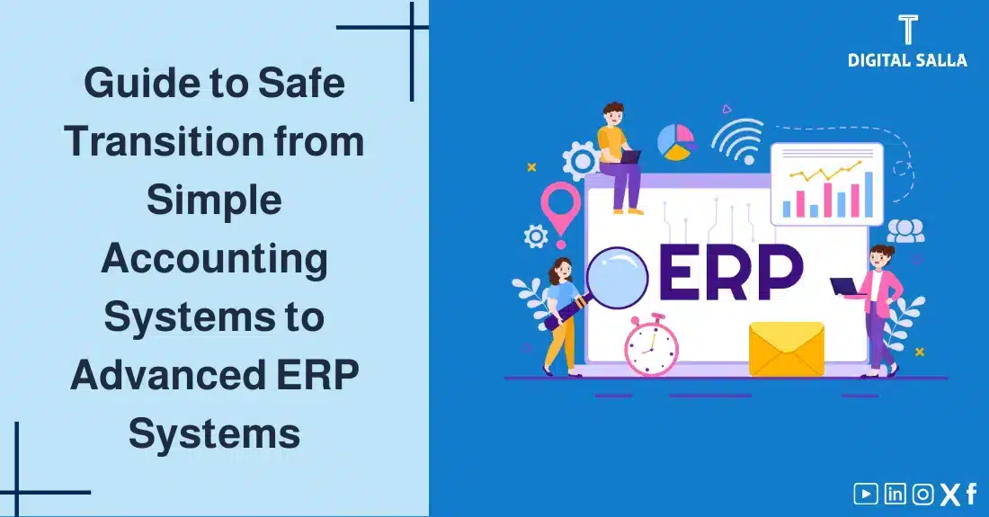 "Illustrative image for an article on a guide to a safe transition from traditional accounting systems to advanced ERP systems. Features the article title, alongside a graphic symbolizing the article's content, depicting people working around a large screen with "ERP" written on it."
