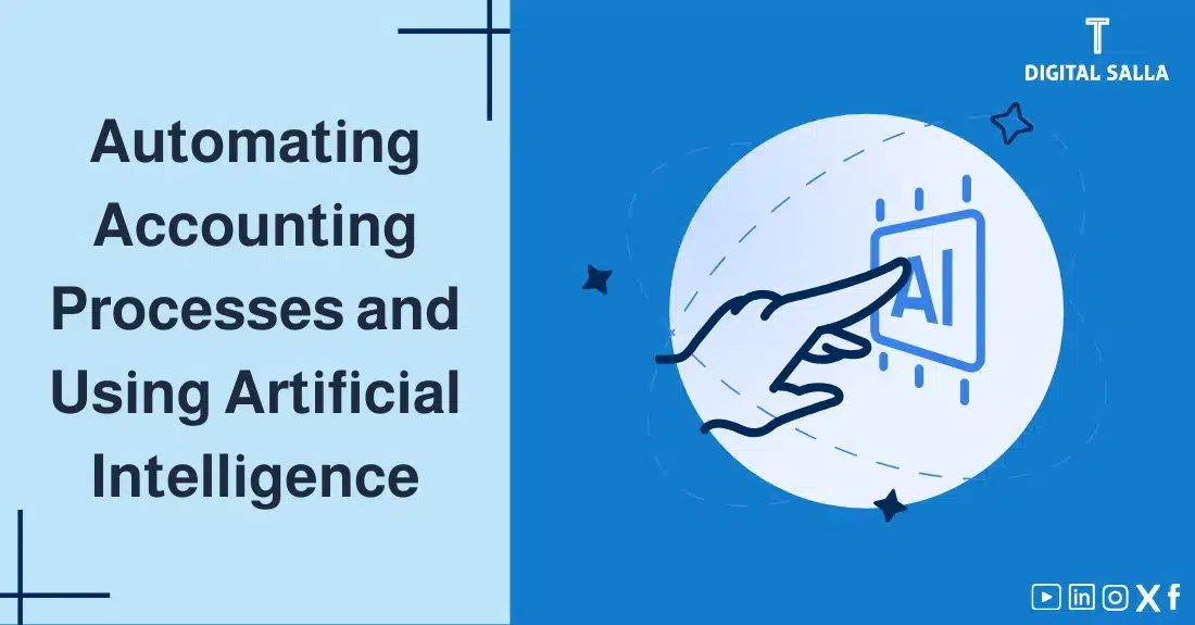 "Illustrative image for an article on the Automation of Accounting Processes and the use of artificial intelligence. Features the article title, alongside a graphic symbolizing the article's content, depicting a hand pressing a button to activate artificial intelligence."