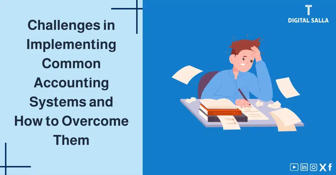 "Illustrative image for an article on theChallenges of Implementing Accounting Systems and how to deal with them. Features the article title, alongside a graphic symbolizing the article's content, depicting an accountant who appears exhausted from piles of papers."
