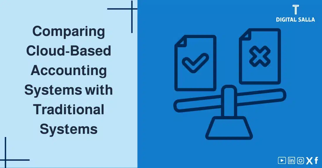 "Illustrative image for an article on Comparison of Accounting Systems with traditional systems. Features the article title, alongside a graphic symbolizing the article's content, depicting a scale holding two documents, one with a checkmark and the other with an error mark."