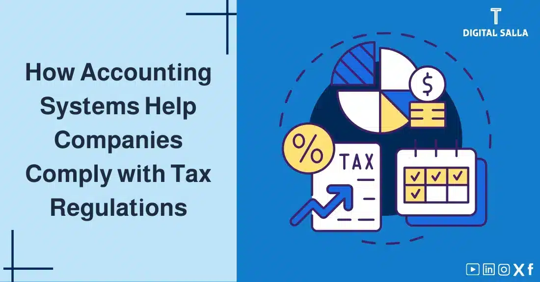 "Illustrative image for an article on how accounting systems help companiesCompliance with Tax Regulations. Features the article title, alongside a graphic symbolizing the article's content, depicting a set of accounting icons such as a graph, a dollar sign, and a calendar."