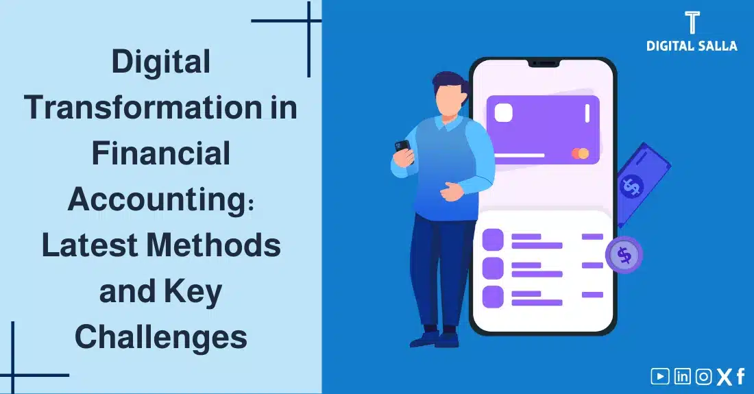"Illustrative image for an article on Digital Transformation in Financial Accounting: the latest methods and key challenges. Features the article title, alongside a graphic symbolizing the article's content, depicting a person using their phone to manage finances and view their credit card."