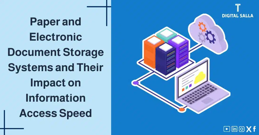 "Illustrative image for an article on systems for storing paper and electronicDocument Retention Systems and their impact on the speed of access to information. Features the article title, alongside a graphic symbolizing the article's content, depicting an electronic cloud with servers and a laptop."
