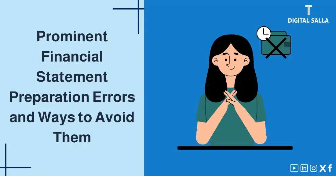 "Illustrative image for an article on common fErrors in Financial Statement Preparation and how to avoid them. Features the article title, alongside a graphic symbolizing the article's content, depicting an accountant thinking anxiously beside an error symbol on an account book."