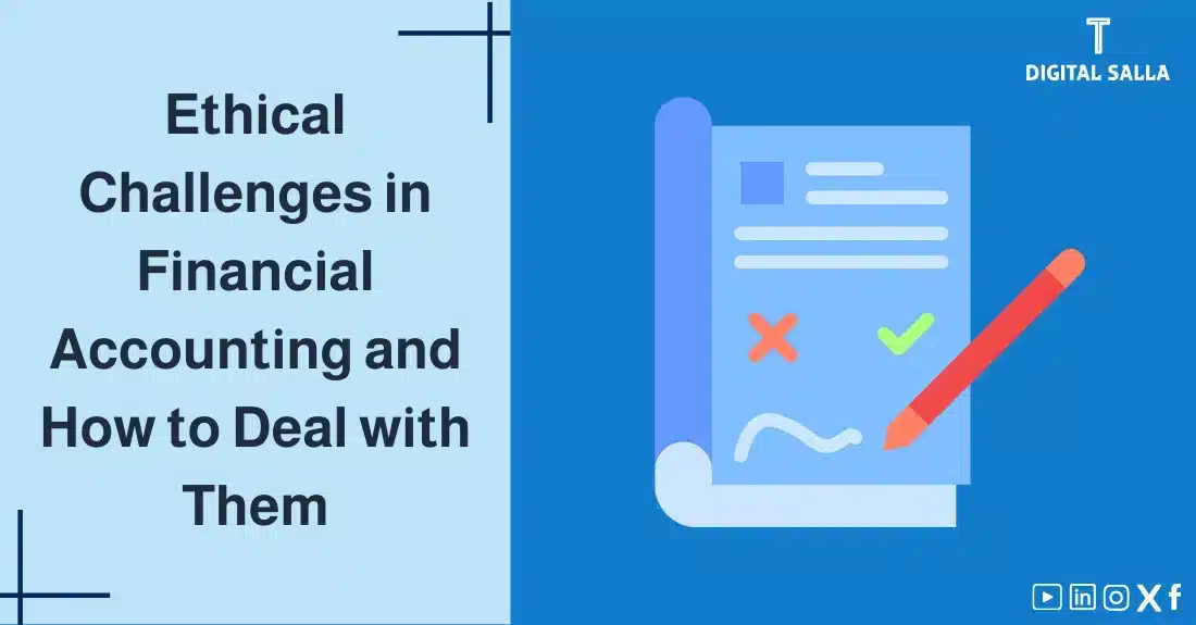 "Illustrative image for an article on Ethical Challenges in Accounting and how to address them. Features the article title, alongside a graphic symbolizing the article's content, depicting a pen correcting errors on a document."