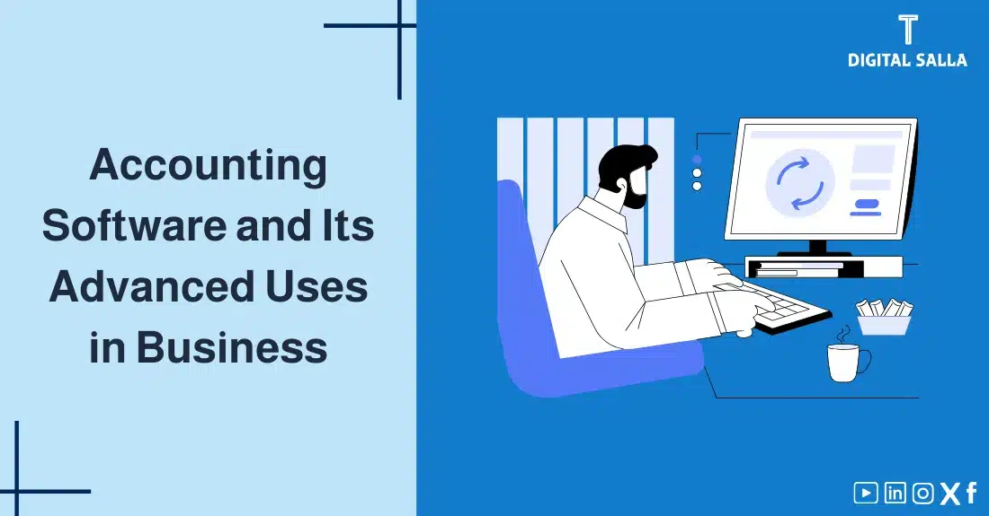 Illustrative image for an article on Financial Accounting Software and its advanced use in business. The image displays the article's title, along with a graphic symbolizing the article's content, featuring an accountant working on a computer.