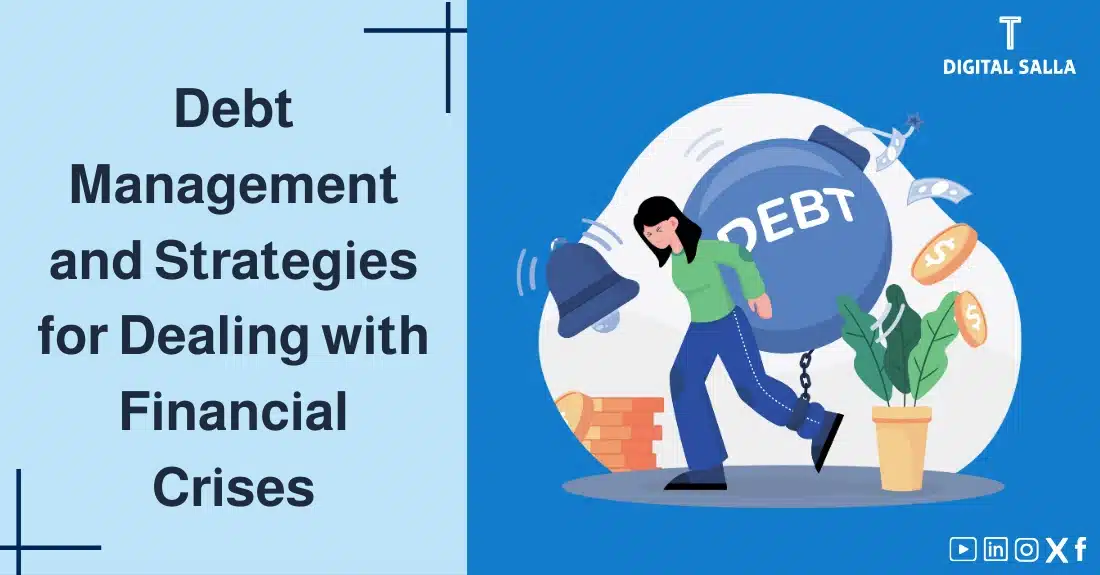 "Illustrative image for an article on debt management and strategies for dealing with financial crises. Features the article title, alongside a graphic symbolizing the article's content, depicting a person bearing the burden of the word "DEBT."
