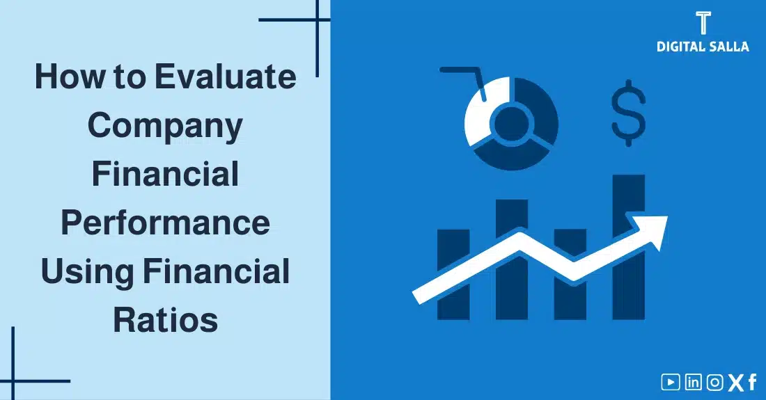 "Illustrative image for an article on how to evaluate company Financial Performance Evaluation of Companies using financial ratios. Features the article title, alongside a graphic symbolizing the article's content, depicting graphs and a dollar symbol."