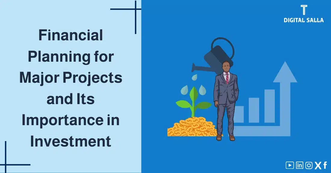 "Illustrative image for an article on financial planning for major projects and its importance in investment. Features the article title, alongside a graphic symbolizing the article's content, depicting a man watering a plant growing from a pile of money."