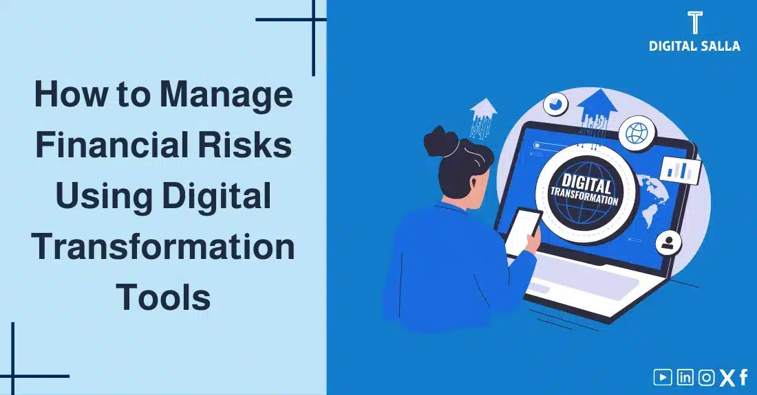 Image for an article on digital Financial Risk Management. The image shows the title and a graphic of a person in front of a computer with charts and rising arrows, symbolizing digital transformation.