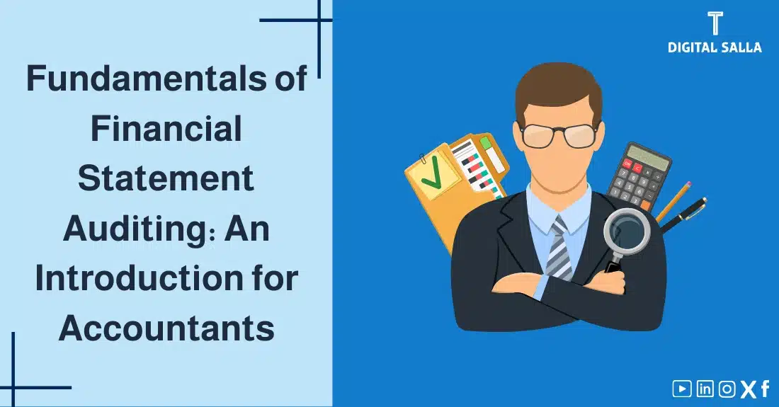 "Illustrative image for an article on the basics of Financial Statement Audit: an introduction for accountants. Features the article title, alongside a graphic symbolizing the article's content, depicting a smartphone with app icons."