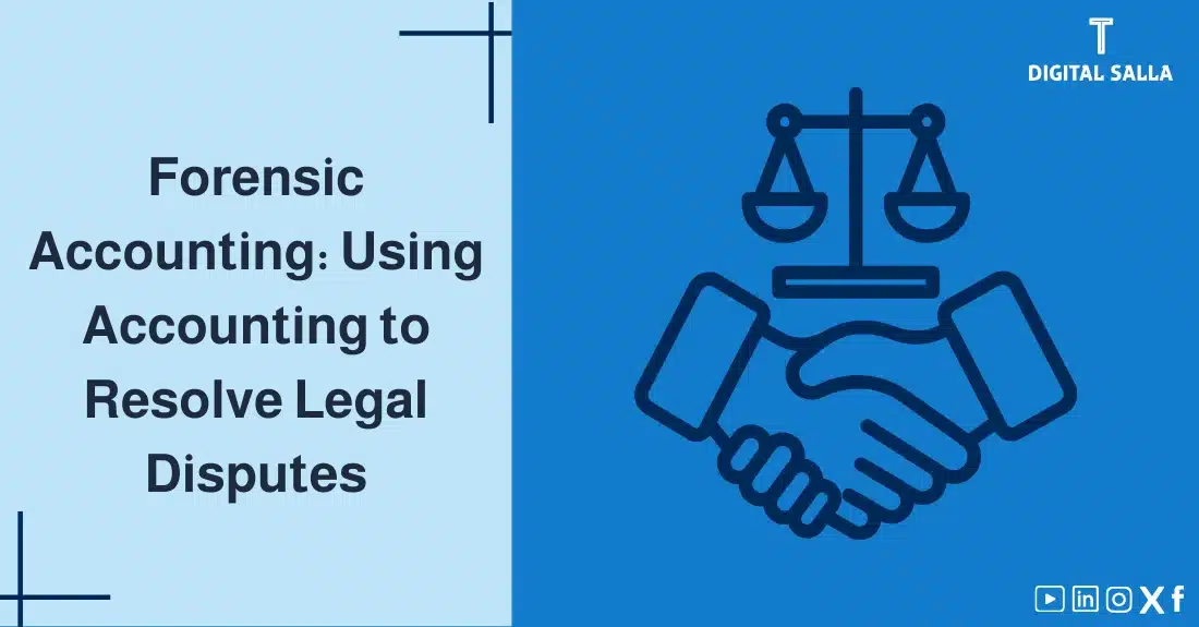 Article image on forensic accounting. The image expresses the role of accounting in resolving legal disputes, with a symbol of scales and a handshake, indicating justice and financial settlement through accounting analysis.