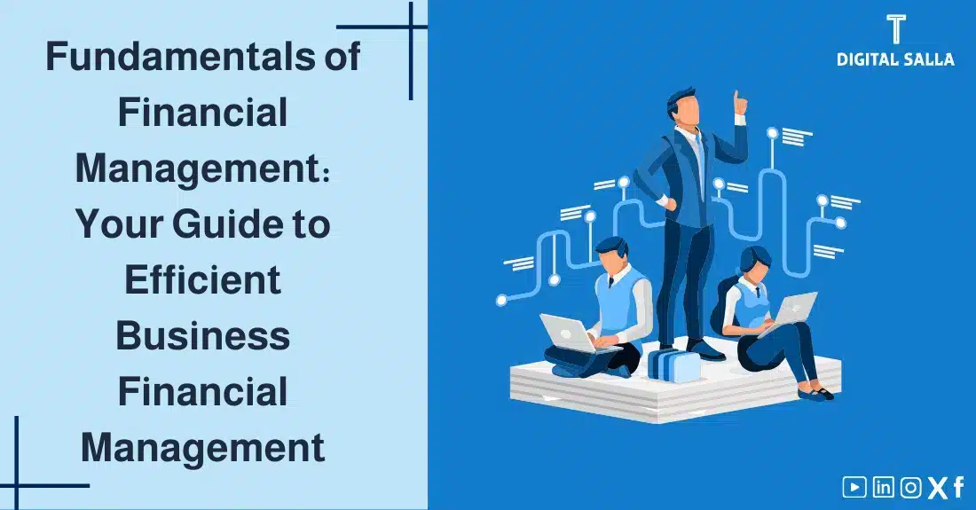 "Illustrative image for an article on the Fundamentals of Financial Management: your guide to understanding efficient business financial management. Features the article title, alongside a graphic symbolizing the article's content, depicting a group of people working on laptops."