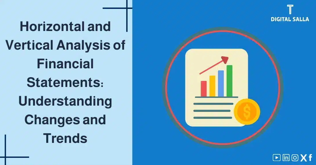 "Illustrative image for an article on Horizontal and Vertical Analysis of Financial Statements: understanding changes and trends. Features the article title, alongside a graphic symbolizing the article's content, depicting a paper with a graph and a dollar symbol."