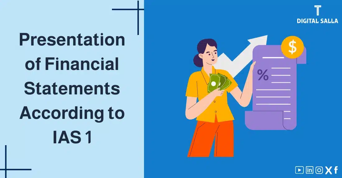 "Illustrative image for an article on the presentation of financial statements according toIAS 1 Standard. It displays the article's title, along with an illustration symbolizing the content, depicting a woman holding money with a financial paper and financial symbols in front of her."
