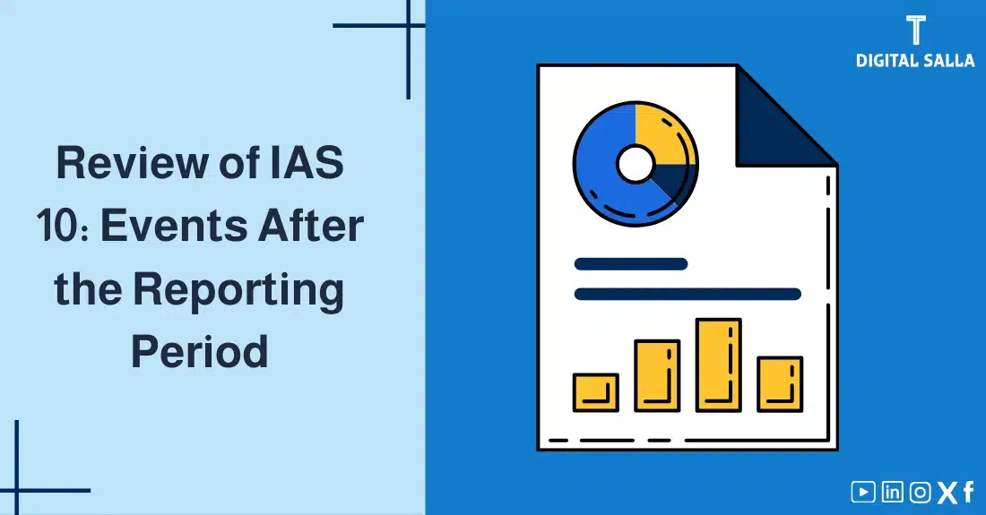 "Illustrative image for an article onIAS 10 Standard: Events After the Reporting Period. It displays the article's title, along with an illustration symbolizing the content, depicting a paper with a chart and graphs."