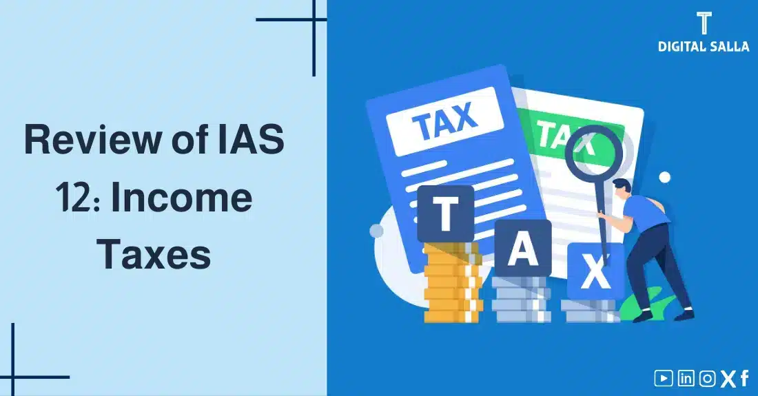"Illustrative image for an article onIAS 12 Standard: Income Taxes. It displays the article's title, along with an illustration symbolizing the content, depicting a person examining a tax document with a magnifying glass and a pile of coins."