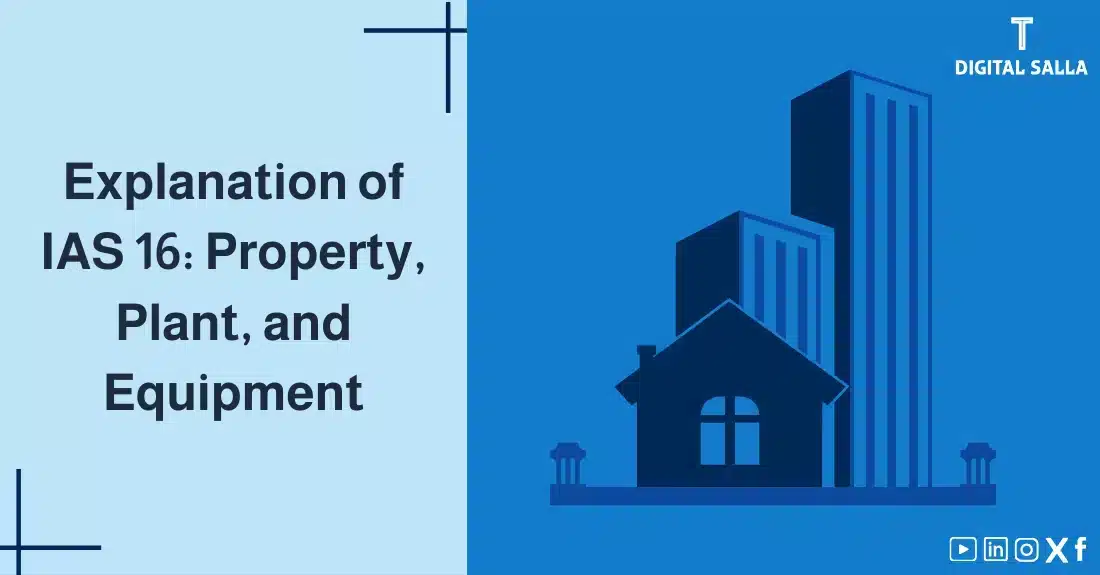 "Illustrative image for an article onIAS 16 International Accounting Standard: Property, Plant and Equipment. It displays the article's title, along with an illustration symbolizing the content, depicting a set of buildings representing property, plant, and equipment."