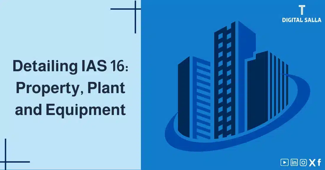"Illustrative image for an article on IAS 16 Standard: Property, Plant and Equipment. It displays the article's title, along with an illustration symbolizing the content, depicting a set of buildings representing property, plant, and equipment."