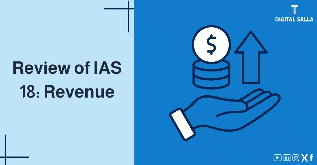 "Illustrative image for an article on IAS 18 Standard: Revenue. It displays the article's title, along with an illustration symbolizing the content, depicting a hand under a pile of coins with an upward arrow."
