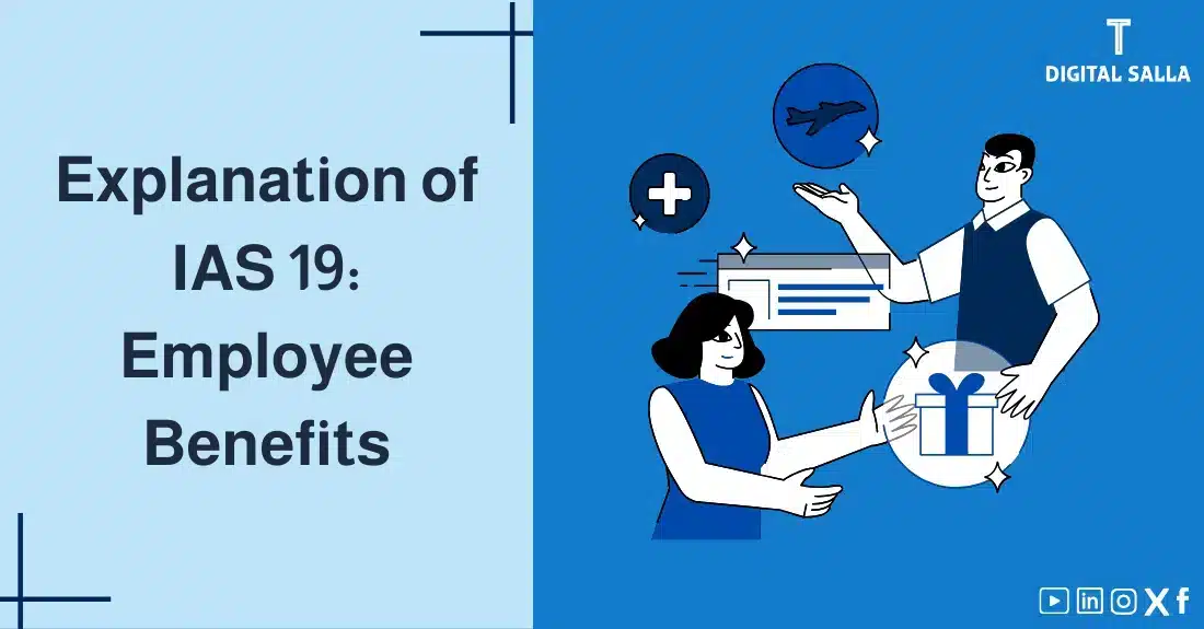 "Illustrative image for an article on IAS 19 International Accounting Standard: Employee Benefits Explained. Features the article title, alongside a graphic symbolizing the article's content, showing an employee receiving a gift with benefit symbols such as health insurance."