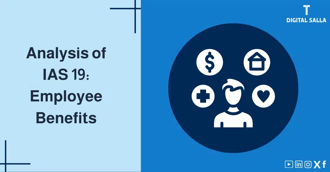 "Illustrative image for an article onIAS 19 Standard: Employee Benefits. It displays the article's title, along with an illustration symbolizing the content, depicting a person surrounded by employee benefit symbols such as salary, health insurance, and vacations."
