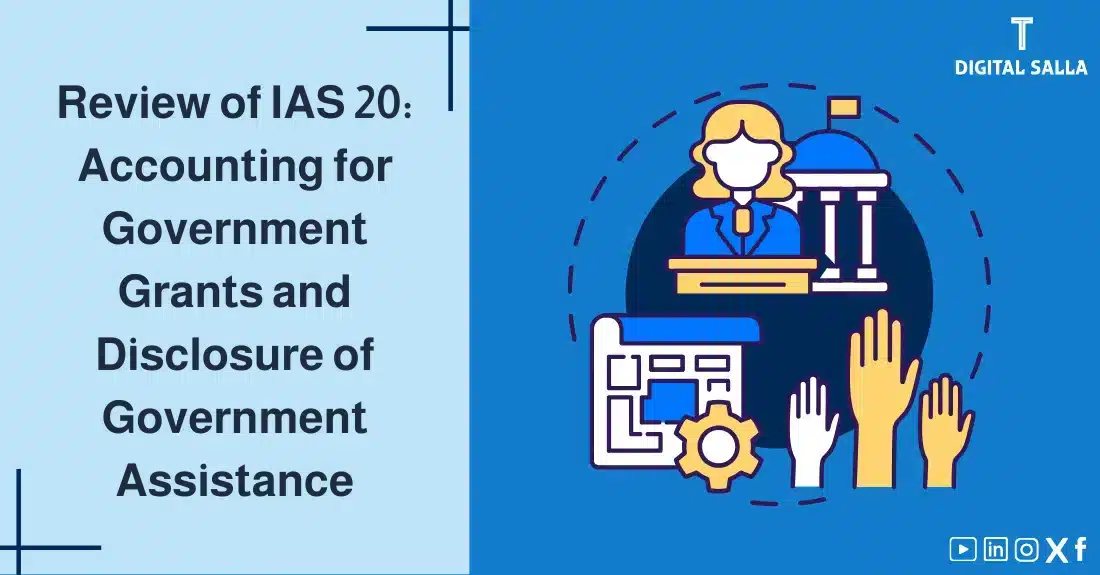 "Illustrative image for an article onIAS 20 International Accounting Standard: Accounting for Government Grants and Disclosure of Government Assistance. Features the article title, alongside a graphic symbolizing the article's content, depicting a government building, a government official, and raised hands."