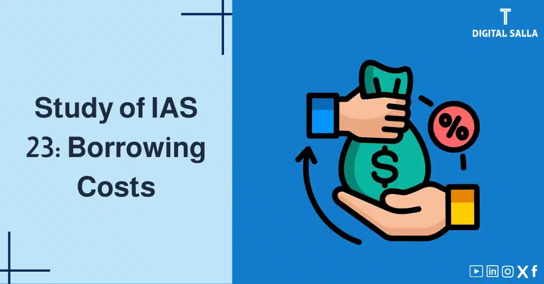 "Illustrative image for an article on IAS 23 Standard: Borrowing Costs. It displays the article's title, along with an illustration symbolizing the content, depicting two hands exchanging a money bag with an interest symbol."