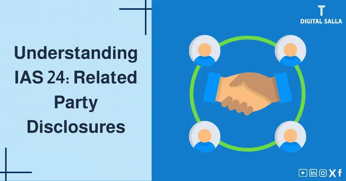 "Illustrative image for an article on IAS 24 Standard: Related Party Disclosures. It displays the article's title, along with an illustration symbolizing the content, depicting a handshake surrounded by interconnected people."