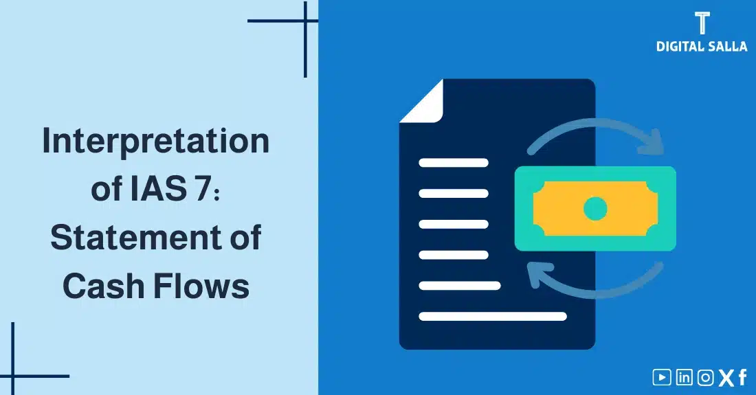 "Illustrative image for an article on IAS 7 Standard: Statement of Cash Flows. It displays the article's title, along with an illustration symbolizing the content, depicting a paper with two arrows circling a banknote."
