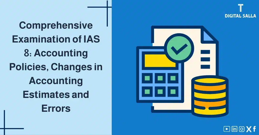 "Illustrative image for an article on IAS 8 Standard: Accounting Policies, Changes in Accounting Estimates and Errors. It displays the article's title, along with an illustration symbolizing the content, depicting a paper with a checkmark, a calculator, and coins."