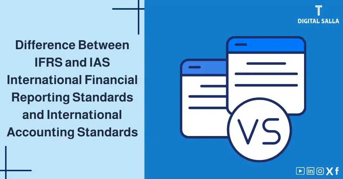"Illustrative image for an article on the difference between IAS and IFRS. Features the article title with a VS symbol, alongside a graphic symbolizing the article's content, depicting two opposing web pages."