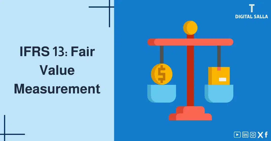 "Illustrative image for an article on IFRS 13 Standard: Fair Value Measurement. It displays the article's title, along with an illustration symbolizing the content, depicting a balance with dollar symbols and a box on its pans."