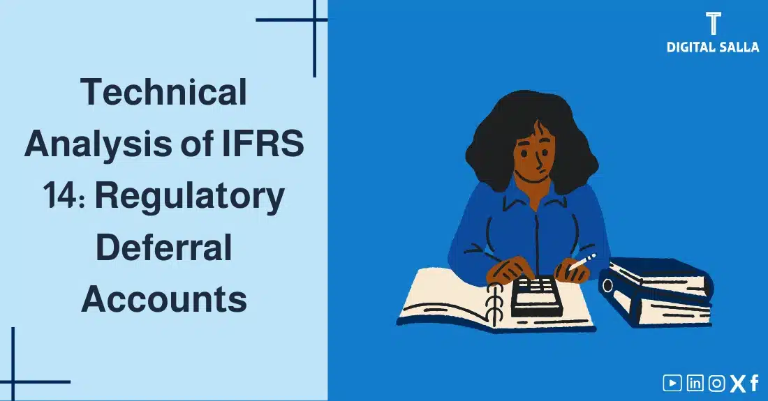 "Illustrative image for an article onIFRS 14 Standard: Regulatory Deferral Accounts. It displays the article's title, along with an illustration symbolizing the content, depicting an accountant working on account books using a calculator."