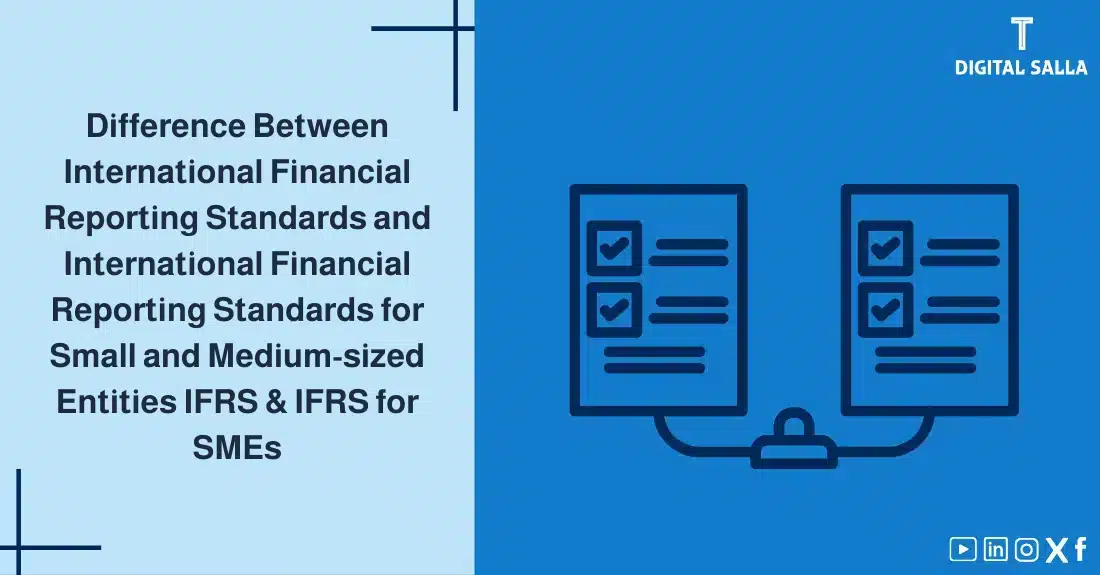 "Illustrative image for an article on the difference between IFRS FOR SMES and IFRS . Features the article title, alongside a graphic symbolizing the article's content, depicting two connected checklists."